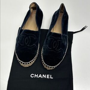 Chanel Espradilles Slip On Loafers Shoes Smoking Velvet Navy Blue Black Size 37